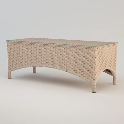 Woven Rattan Coffee Table With Glass Top Natural Beige Finish And Curved Legs Design 3d model