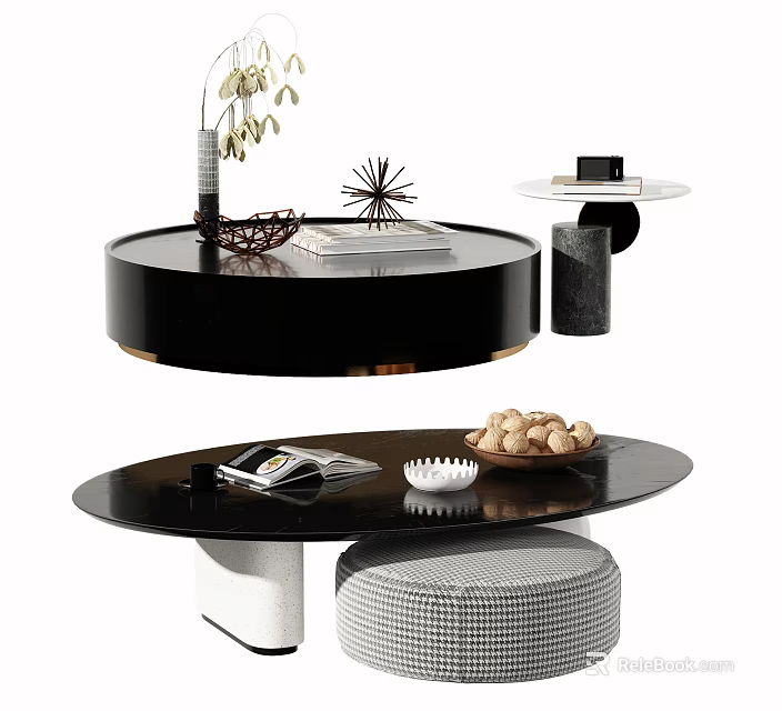 Elegant Modern Black Coffee Table With Magazines Decorative Vase And Stool 3d model