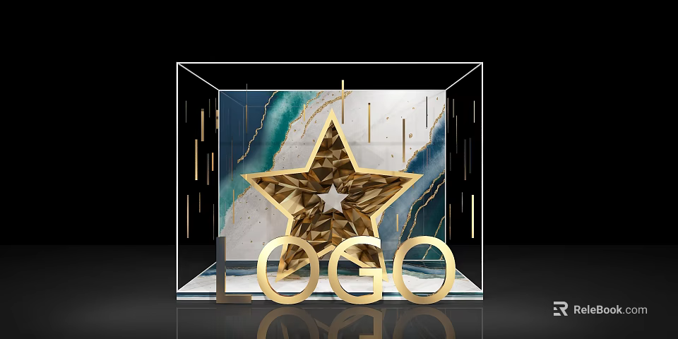 Photo Check In Spot With Transparent Cube Gold Star Teal Marble Background And Gold LOGO 3d model 