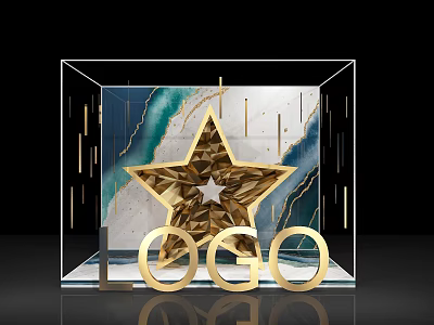 Photo Check In Spot With Transparent Cube Gold Star Teal Marble Background And Gold LOGO 3d model