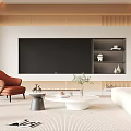 Modern Living Room Interior With White Sofa Orange Armchair TV Wall And Wooden Shelves