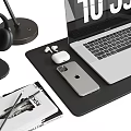 Work Desk Essentials With Laptop Headphones Desk Lamp Coffee Cup Mouse And Clock 1039