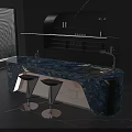 Modern Blue Marble Bar Counter With LED Lighting Two Bar Stools And Black Cabinets