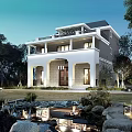 Elegant Detached Villa Two Story with Lush Greenery Lawn Water Pond Stone Pathway and Lighting