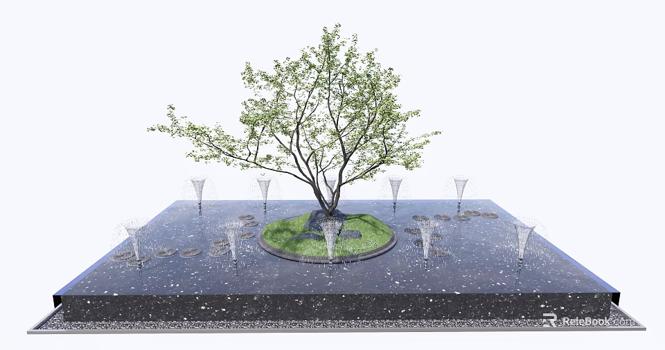 Deciduous Tree With Circular Green Lawn Surrounded By White Fountains On Black Ground 3d model 
