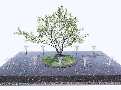 Deciduous Tree With Circular Green Lawn Surrounded By White Fountains On Black Ground 3d model