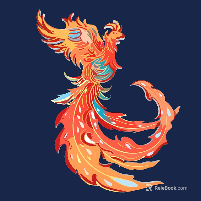 Vibrant Phoenix Wall Decor With Colorful Orange Red Blue Feathers And Dark Blue Background 3d model 
