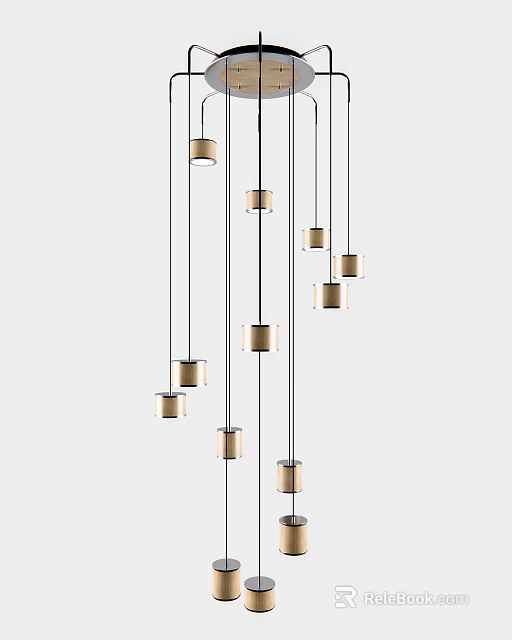 Stylish Modern Cylindrical Metal Pendant Lights With Thin Cords Hanging Together 3d model 