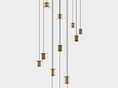 Stylish Modern Cylindrical Metal Pendant Lights With Thin Cords Hanging Together 3d model