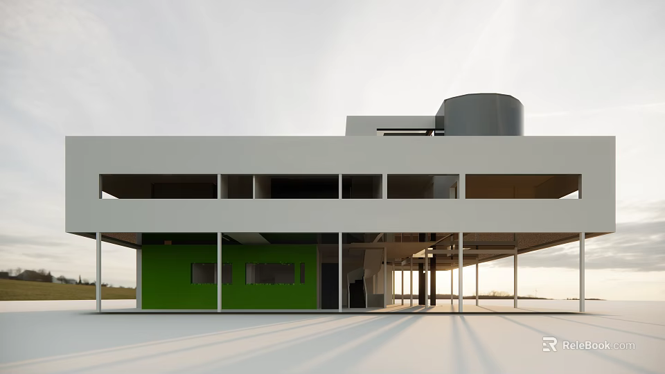 Modern Detached Villa With White Exterior Large Glass Windows Green Wall And Gray Cylindrical Structure 3d model 