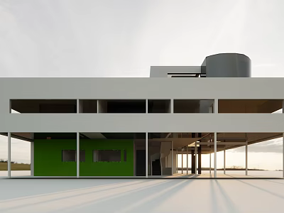Modern Detached Villa With White Exterior Large Glass Windows Green Wall And Gray Cylindrical Structure 3d model