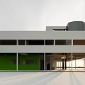 Modern Detached Villa With White Exterior Large Glass Windows Green Wall And Gray Cylindrical Structure
