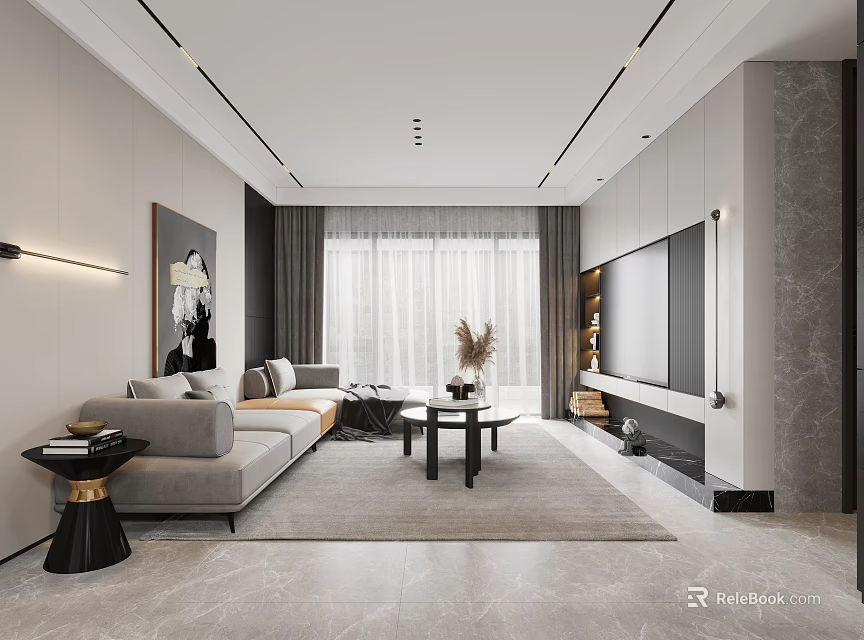 Modern Living and Dining Room Interior With Sofa Coffee Table and TV Wall 3d model 