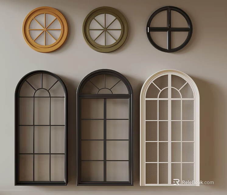 Decorative Round and Arched Windows with Various Colors for Wall Design 3d model 