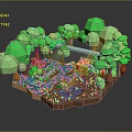 Cartoon Scene With Green Trees Small House Blue Car Pathway Pond And Colorful Flowers