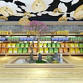 Elegant Specialty Store Interior with Wooden Shelves Various Packaged Products and Cloud Shaped Ceiling Lights