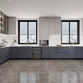 Modern Kitchen Interior With Dark Cabinets Island Bar Stools Column And Marble Floor 3d model