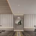 Modern Fitness Gym Interior With Exercise Bikes Treadmills Lockers Mirror Wall And Wooden Decor