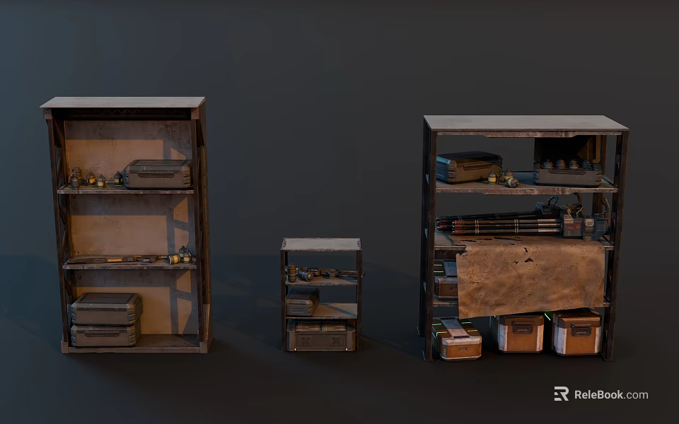Vintage Display Shelves In Various Sizes With Stored Boxes And Tools 3d model 