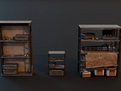 Vintage Display Shelves In Various Sizes With Stored Boxes And Tools 3d model