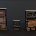 Vintage Display Shelves In Various Sizes With Stored Boxes And Tools