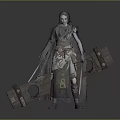 Fantasy Female Warrior In Feathered Cloak With Large Wooden Structure And Glowing Swords