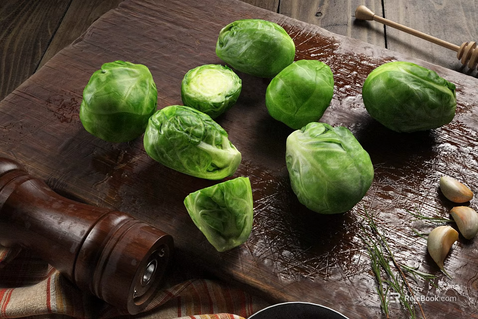 Fresh Brussels Sprouts On Wooden Cutting Board With Garlic And Dill 3d model 