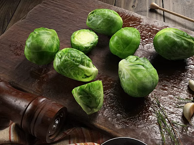 Fresh Brussels Sprouts On Wooden Cutting Board With Garlic And Dill 3d model
