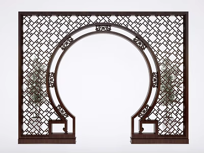 Chinese Style Wooden Archway With Lattice Design Decorative Patterns Flanked By Potted Plants 3d model
