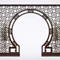Chinese Style Wooden Archway With Lattice Design Decorative Patterns Flanked By Potted Plants