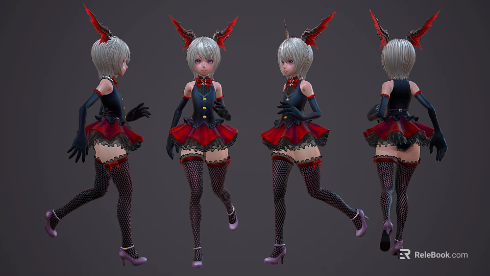 Stylish Game Movie Character with Silver Hair Red Horns Black Top Red Skirt High Heels 3d model 