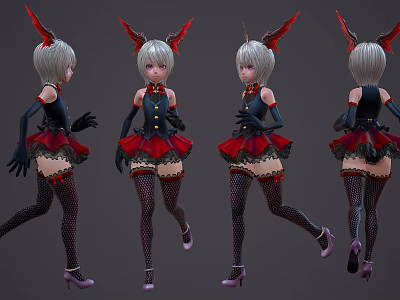 Stylish Game Movie Character with Silver Hair Red Horns Black Top Red Skirt High Heels 3d model