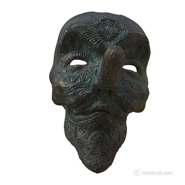 Intricate Bronze Mask With Detailed Carvings And Artistic Decorative Design 3d model 