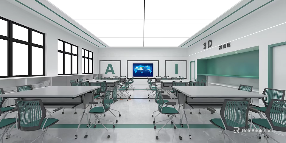 School 3D AI Classroom With White Walls Windows Green Lines Desks Chairs And Electronic Screen 3d model 