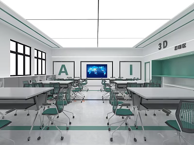 School 3D AI Classroom With White Walls Windows Green Lines Desks Chairs And Electronic Screen 3d model