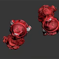 Two Character Dolls In Red Outfits With Red Hats Standing On Red Bases