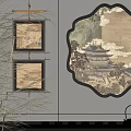 Wall Decor With Square And Fan Shaped Paintings Featuring Landscape And Architecture