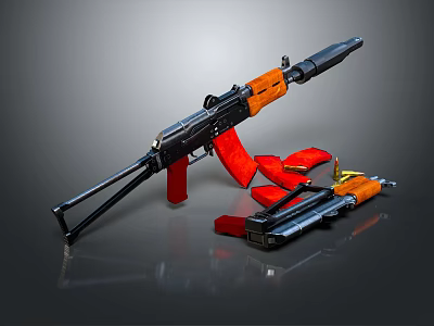 Tactical Assault Rifle With Orange Black Components Red Magazines And Accessories 3d model
