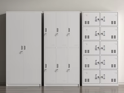 White Storage Lockers With Different Designs Including Double Door And Multi Compartment Units 3d model