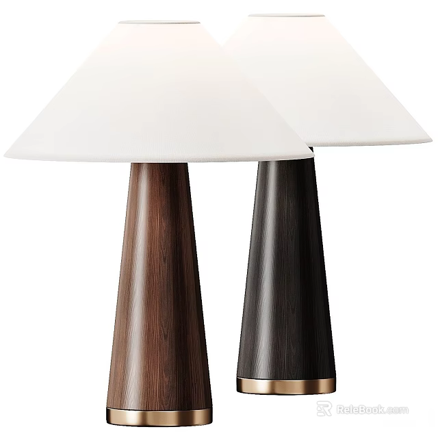 Two Stylish Table Lamps With White Shades And Walnut Black Wooden Conical Bases 3d model 