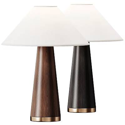 Two Stylish Table Lamps With White Shades And Walnut Black Wooden Conical Bases 3d model