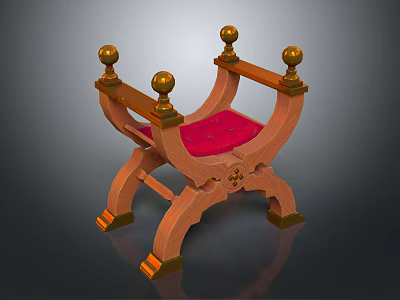 Vintage Wooden Leisure Chair With Red Cushion Golden Balls And Carved Design 3d model