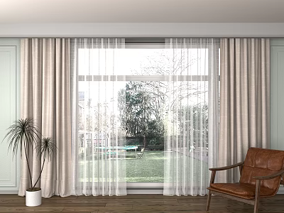 Layered Beige Curtains With Sheer White Panels For Living Room Window With Garden View 3d model