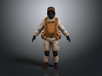 Tactical Game Movie Character with Beige Uniform Brown Vest Black Helmet Mask and Protective Gear 3d model