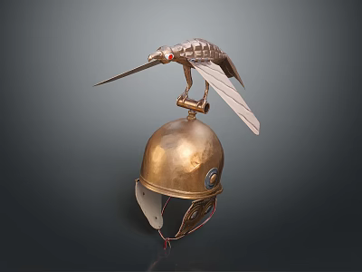 Ancient Golden Weapon Helmet Featuring Intricate Bird Shaped Ornament And Historical Design 3d model