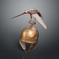 Ancient Golden Weapon Helmet Featuring Intricate Bird Shaped Ornament And Historical Design