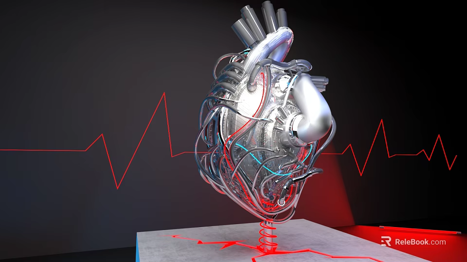 Mechanical Heart Shaped Engine Featuring Metallic Components Pipes Wires Red Fluid And Tech Design 3d model