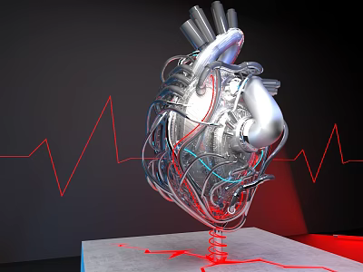 Mechanical Heart Shaped Engine Featuring Metallic Components Pipes Wires Red Fluid And Tech Design 3d model