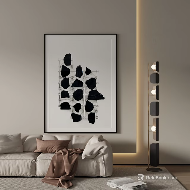 Abstract Painting With Black Irregular Shapes In Modern Living Room Interior 3d model 