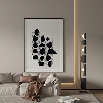 Abstract Painting With Black Irregular Shapes In Modern Living Room Interior 3d model